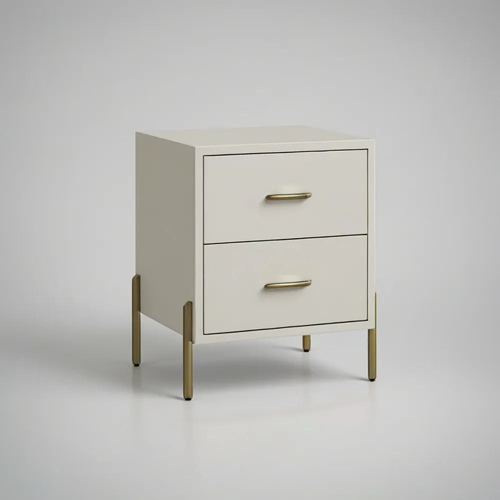 Noční stolek se 2 zásuvkami z MDF a oceli, bílý a zlatý, 45 × 40 × 60 cm